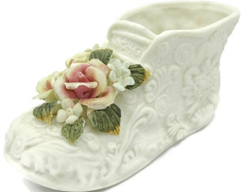 Collectible Shoe Porcelain Bisque Applied Floral Baby Bootie