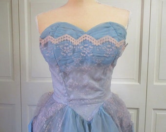 1950's Blue Chiffon Floral Lace Strapless Ball Gown Rare Dress