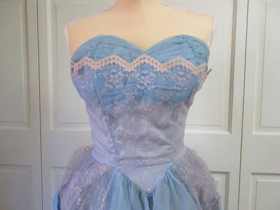 1950's Blue Chiffon Floral Lace Strapless Ball Go… - image 1