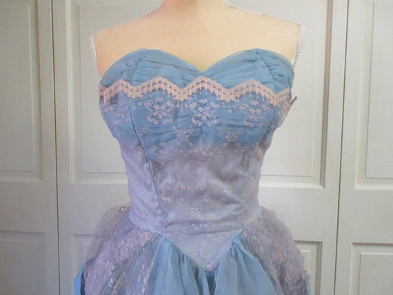 1950's Blue Chiffon Floral Lace Strapless Ball Gow