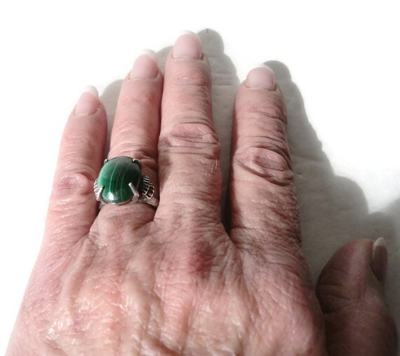 Sterling Natural Malachite Solitaire Vintage Ring - image 3