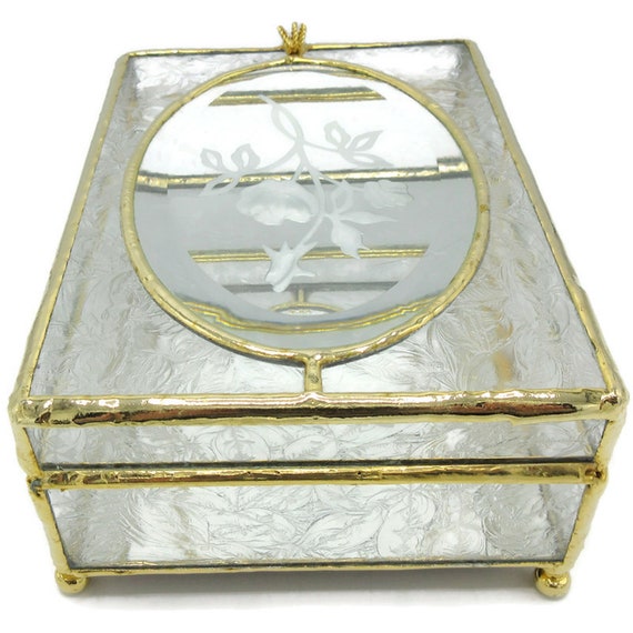 Floral Etched Glass Jewelry Box Gem