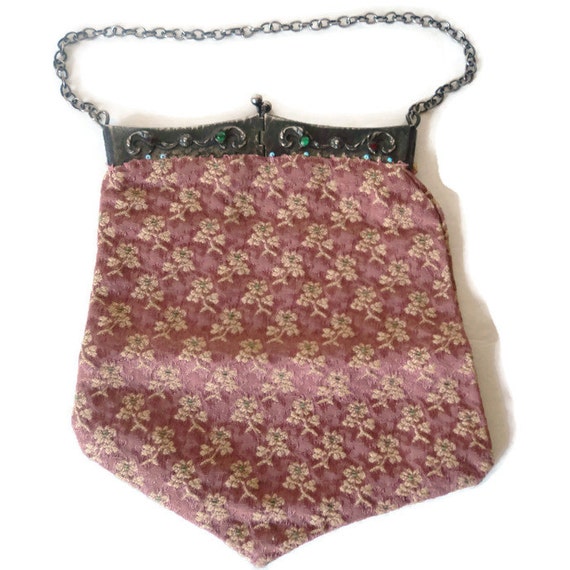 Antique Handbag Floral Embroidered Woven Silk Bro… - image 2