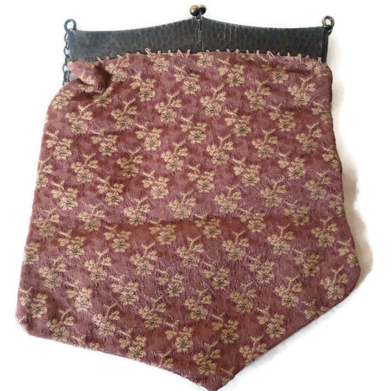 Antique Handbag Floral Embroidered Woven Silk Bro… - image 5