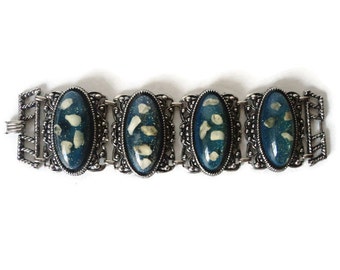 Vintage Lucite Confetti Bracelet Chunky Rich Blue Silver Tone Four Panel Book Chain