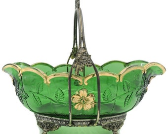 Antique Bride's Basket Green Glass