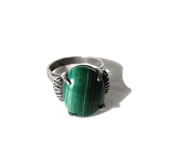 Sterling Natural Malachite Solitaire Vintage Ring - image 2