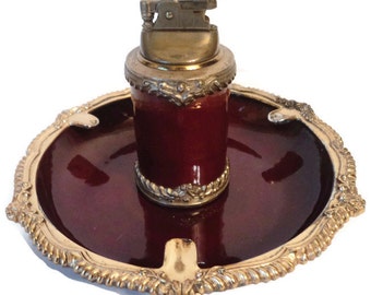 Vintage Royal Bovano Red Enamel on Copper And Gilt Brass Ashtray Table Lighter