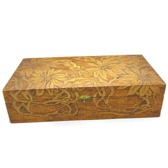 Solid Wood Floral Pyrography Jewelry Storage Box - image 1