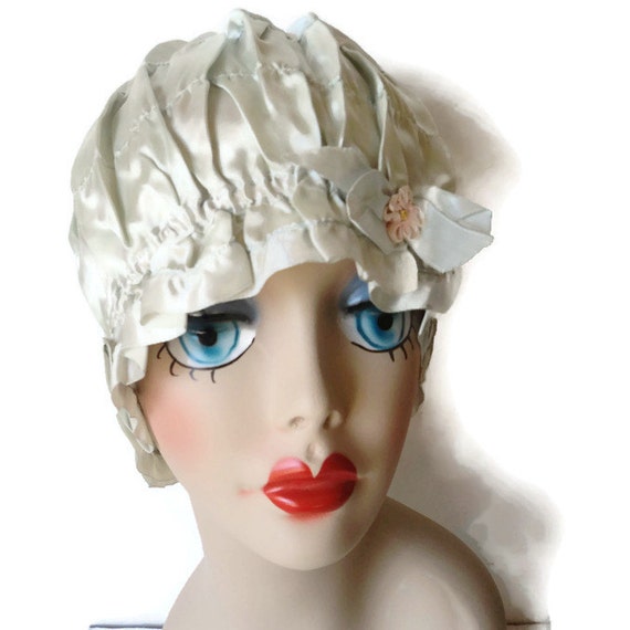 1920's Boudoir Cap Ruffled Satin Pink Silk Ribbon