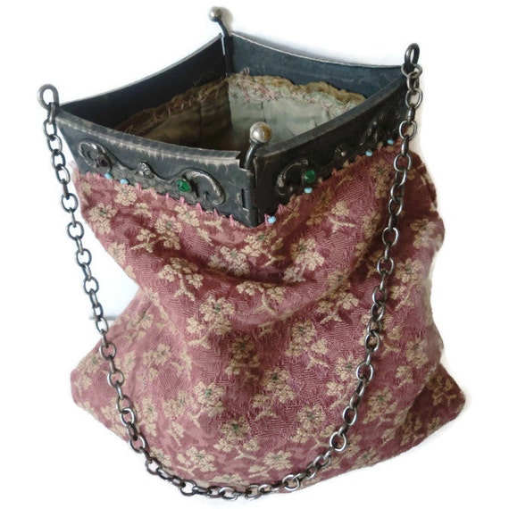 Antique Handbag Floral Embroidered Woven Silk Bro… - image 1