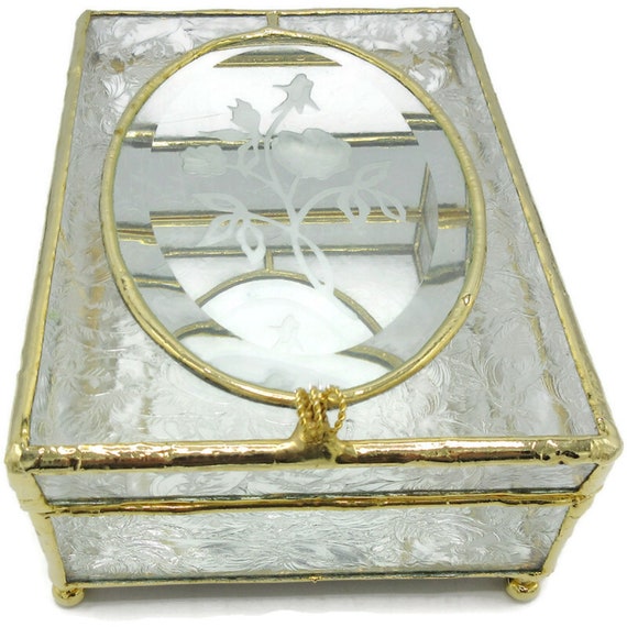 Floral Etched Glass Jewelry Box Gem