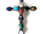 Lula Bowannie Zuni Cross Pendant Brooch Multi Cabochon Gems