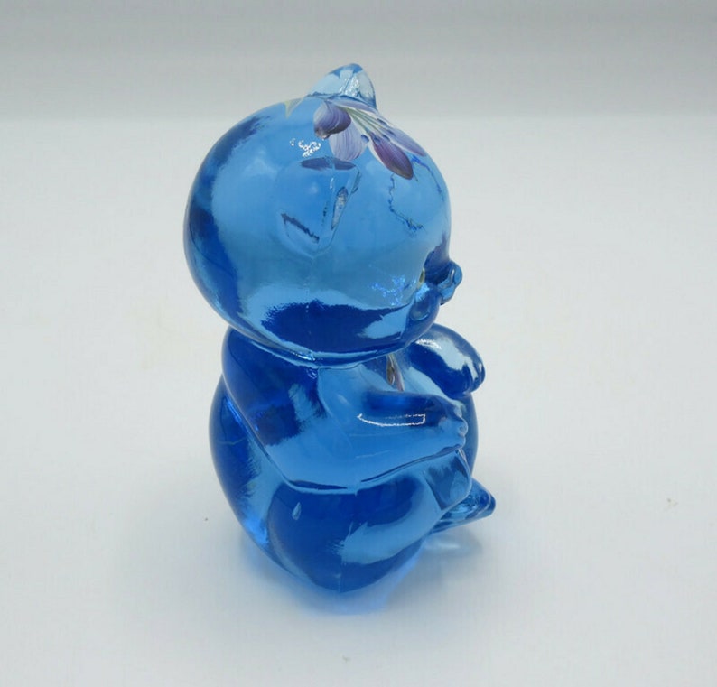 Fenton Misty Blue Glass Floral Seated Bear Figurine