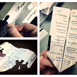 May include: White wedding program with a silhouette of a couple and the text "Program". The program lists the order of ceremony, wedding party, and other details. The text is in a script font.