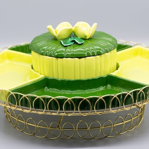 CHIP &  DIP ~ Lazy Susan with Dip Bowl,   Gilded Gold Rotating Wire Rack,  Lemon And Lime Sectional Platter