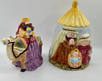 COOKIE JAR with TEAPOT ~~ Nativity Scene, Christmas, Camel Teapot, Holiday.  Rare 70s