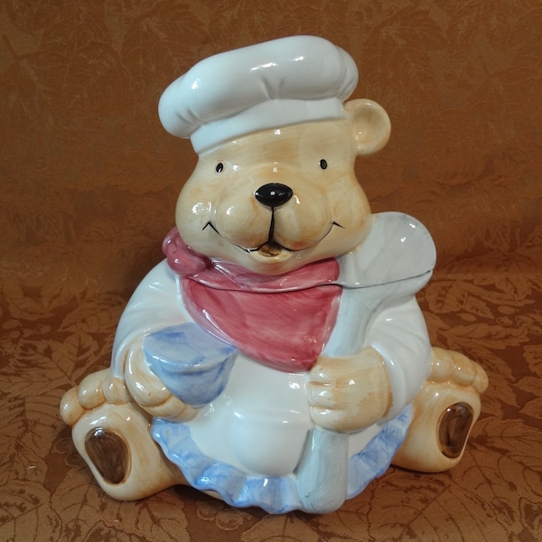 COOKIE JAR ~~  BEAR Chef with Blue Spoon,  Bowl,  Pinkish Scarf