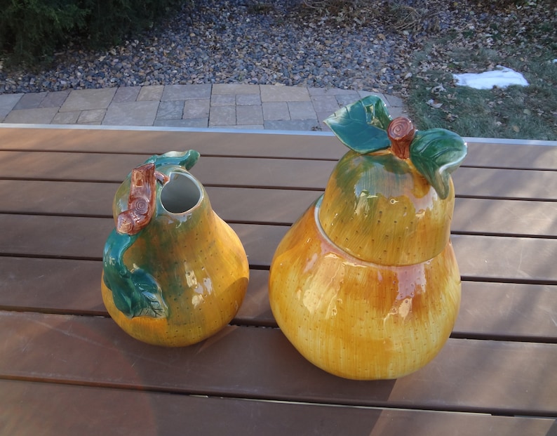 Pear Container COOKIE JAR & Pitcher, Pear, Golden With Green Leaf, Sakura Sonoma - Etsy