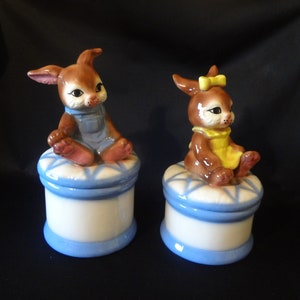 CANISTER SET  *  Rabbit Boy and Rabbit Girl in a blue drum,  Vintage,  RARE
