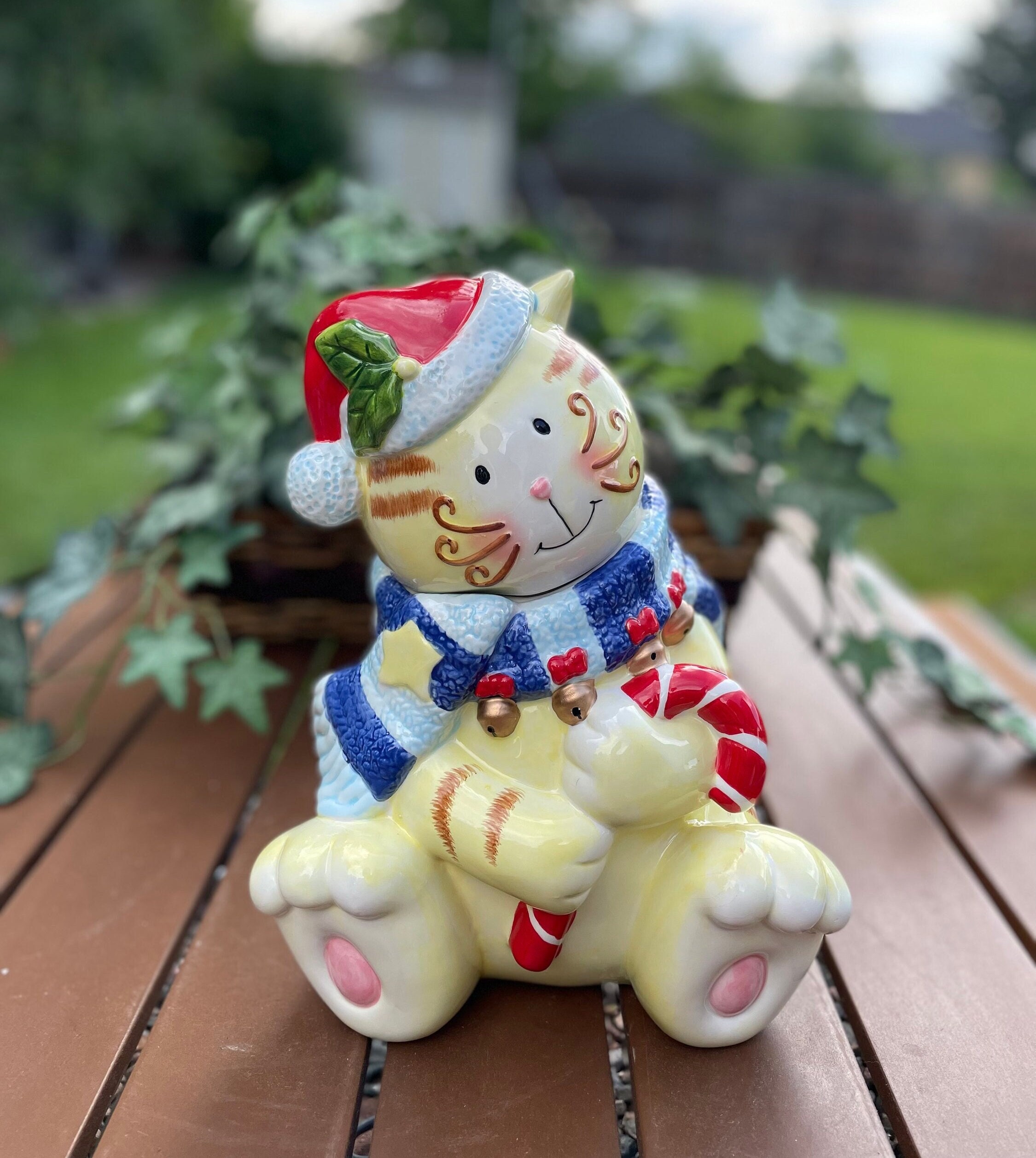 COOKIE JAR > Christmas Kitty Cat, Santa Hat, Candy Cane - Etsy