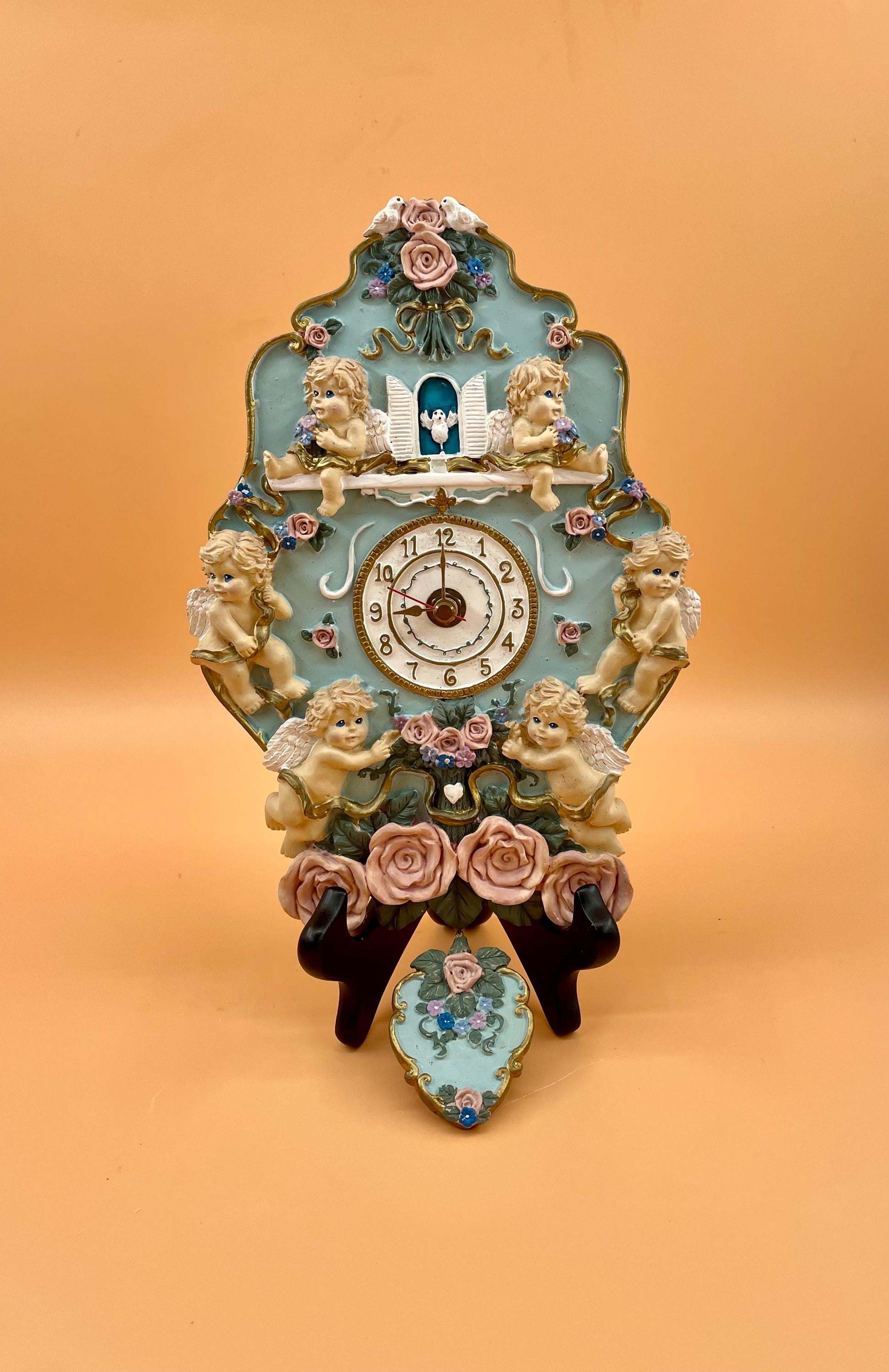 CLOCK ~~ Cherub and Roses, Wall clock, chimes, vintage