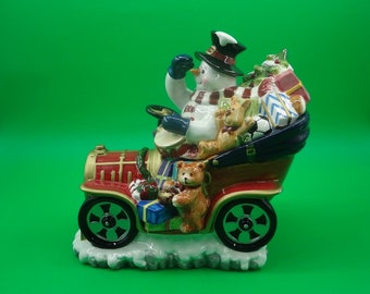 COOKIE JAR  ~~  Snowman Hot Rod,  Full of Toys!  Christmas!  2004