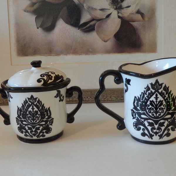 CREAMER AND SUGAR ~  Black and White Damask,  222 Fifth,  Larger size