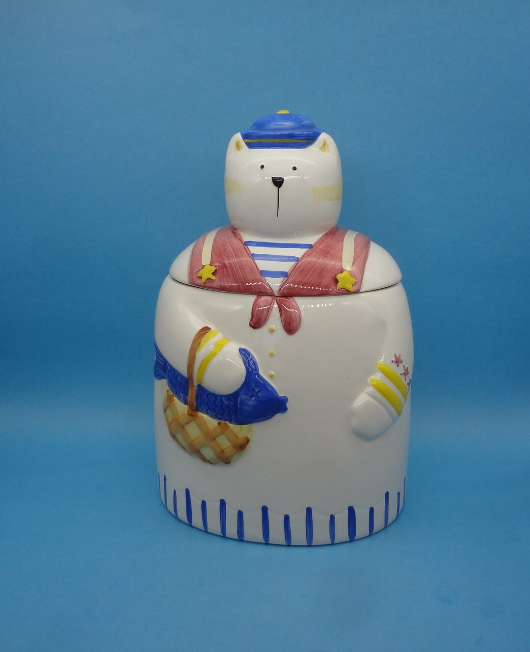 COOKIE JAR * CAT, Sailor Collar, Blue Fish, Basket, 1992 Linda