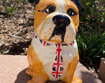 COOKIE JAR > British Bulldog, Union Jack Tie, 9” high.