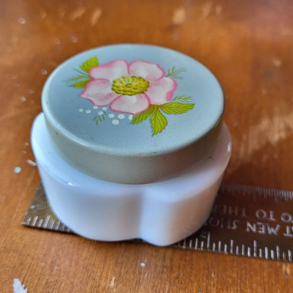 Avon Vintage Milk Glass Cream Sachet With Floral Tin Lid