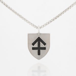 Peut inclure: Collier argenté avec un pendentif en forme de bouclier orné d'un symbole de flèche noire. Le pendentif est suspendu à une chaîne fine, offrant une esthétique minimaliste et élégante. Convient au port quotidien.