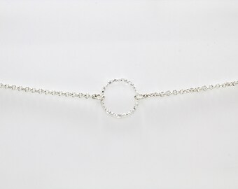 Sterling Silver Discreet Day Collar / Slave Necklace - Permanent Locking Chain w/ Mini Diamond Textured O-ring - Sized to Order