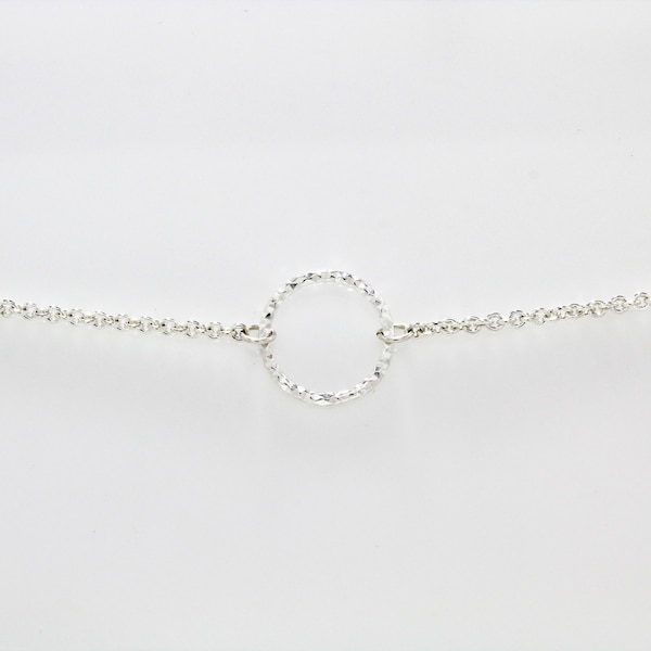 Sterling Silver Discreet Day Collar / Slave Necklace - Permanent Locking Chain w/ Mini Diamond Textured O-ring - Sized to Order