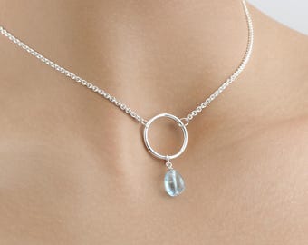 Day Collar Submissive Halskette - Sterling Silber O-Ring mit Aquamarin Tropfen