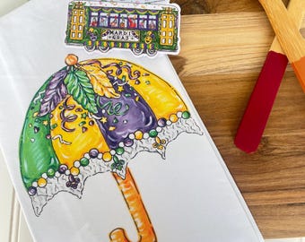Mardi Gras Tea Towel Gift Set, Umbrella, Streetcar Ornament, Gift Package Combo, Carnival, Christmas Gift, Teacher, Hostess, New Orleans Art