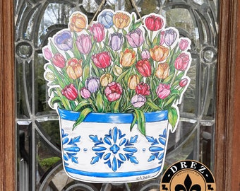 Tulip Door Hanger, Home, Chinoiserie, Spring, Floral, Springtime, Drez Artwork, Wholesale Available, Garden, Flowers, Greener, Door Decor