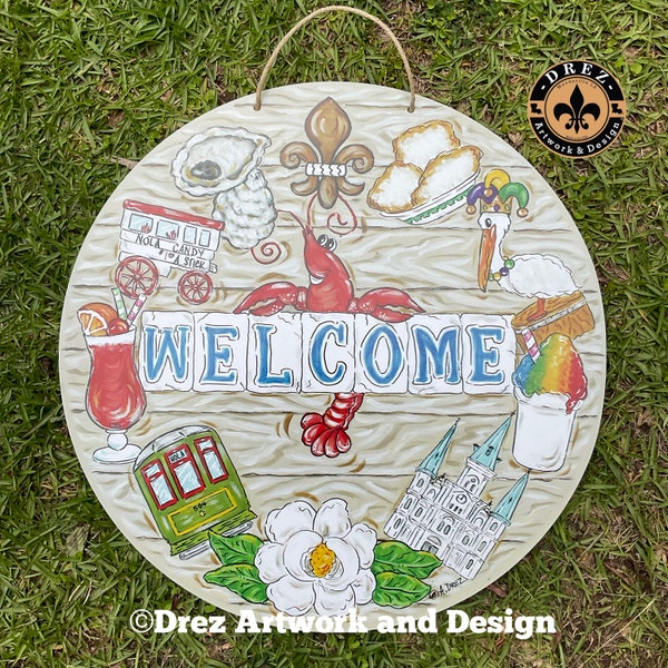 New Orleans Welcome Door Hanger, NOLA Pelican, Crawfish, Magnolia, Cathedral