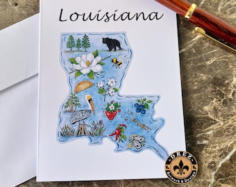 Tarjetas con símbolos de Luisiana, tarjetas, papelería, ilustraciones de Drez, pájaro de Luisiana, fresa, arándano, Natchitoches, iris, Nola, Tabasco