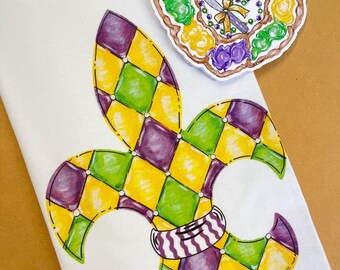 Mardi Gras Tea Towel Gift Set, Fleur de lis, Ornament, Gift Package Combo, King Cake, Crown, Christmas Gift, New Orleans