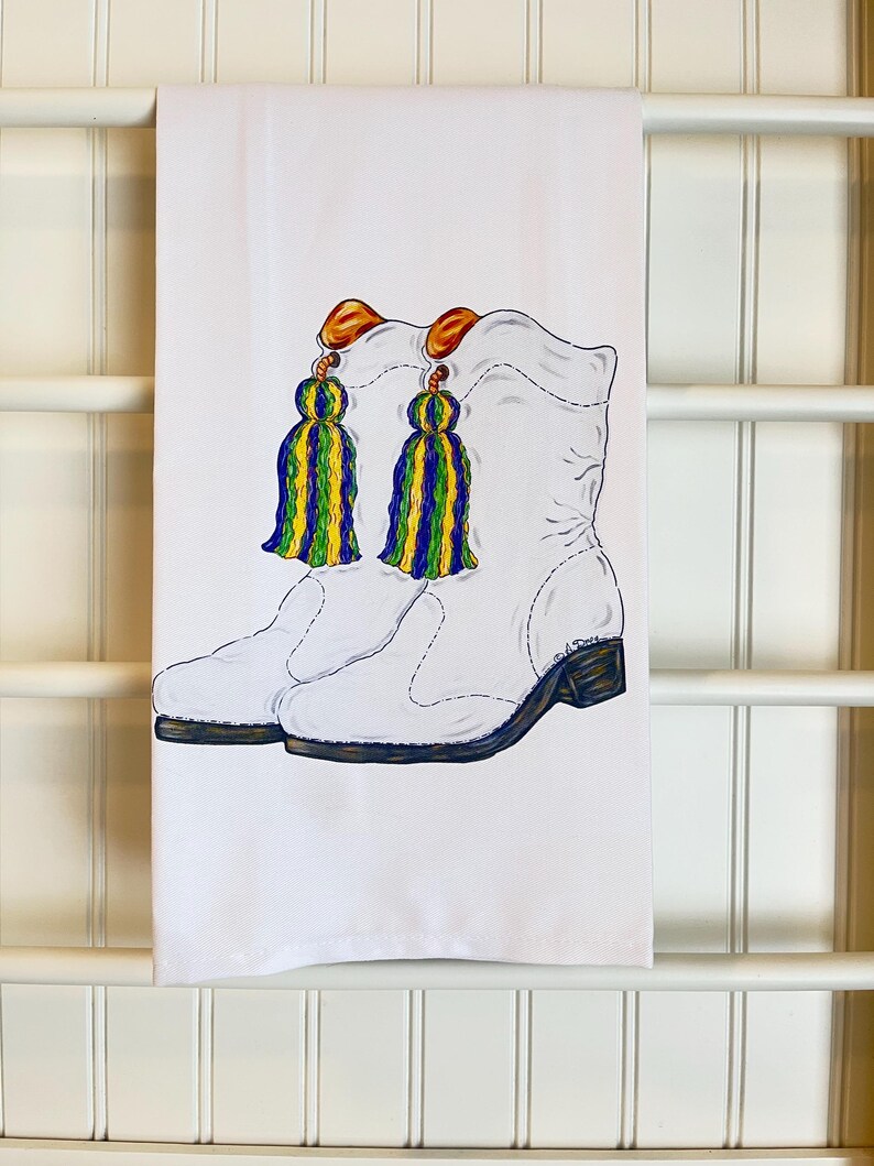 DrezArtworkAndDesign Mardi Gras Marching Boot Tea Towel