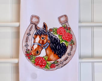 Horse Tea Towel, Kentucky Derby, Horseshoe, Hostess Gift, Run for the Roses, Nola, Louisiana, Drez Artwork, Kitchen Towel, Roses