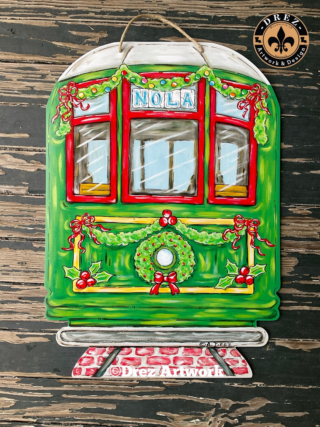 Christmas Streetcar, Holiday, Merry Christmas, New Orleans, NOLA Icon, Louisiana, Door Hanger, Drez Artwork, Wholesale Available - Etsy
