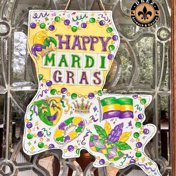 Mardi Gras Door Hanger, Louisiana Decor, NOLA, Crown, King Cake