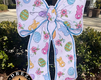 Easter Bow Yard Stake, Spring Garden Decor, Bunny, Easter Eggs, Flowers, Peeps