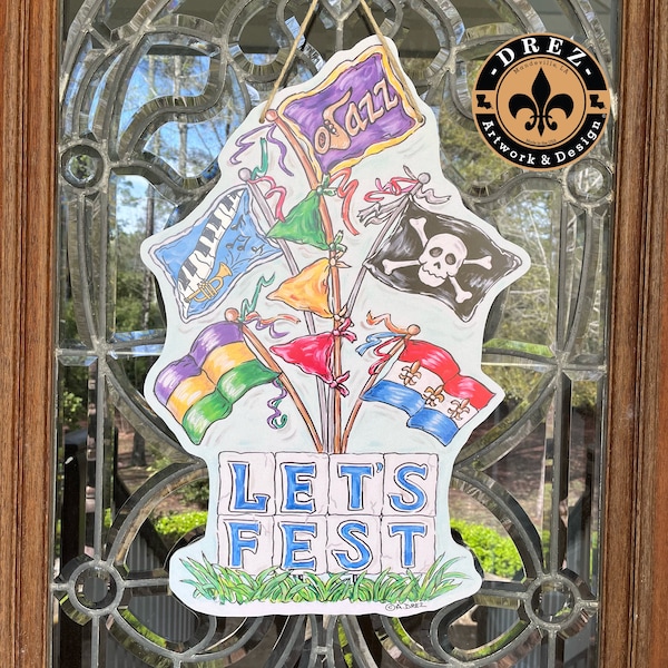 Jazz Fest Door Hanger, New Orleans Door Decor, NOLA Art, Spring Decor, Drez Artwork, Made in Louisiana, Outdoor Art, Louisiana Art