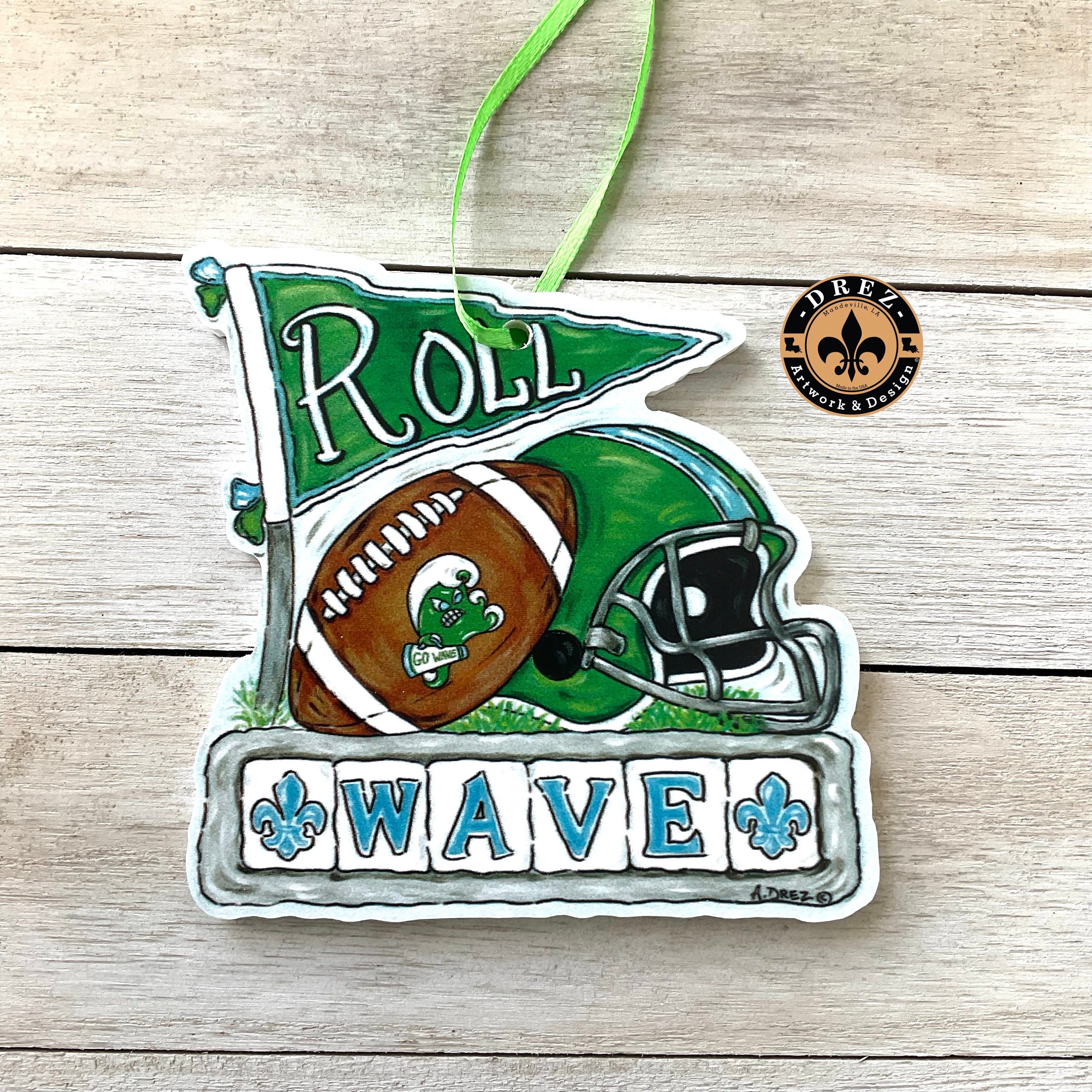 Roll Wave Ornament, Tulane Sports, New Orleans Christmas Decor