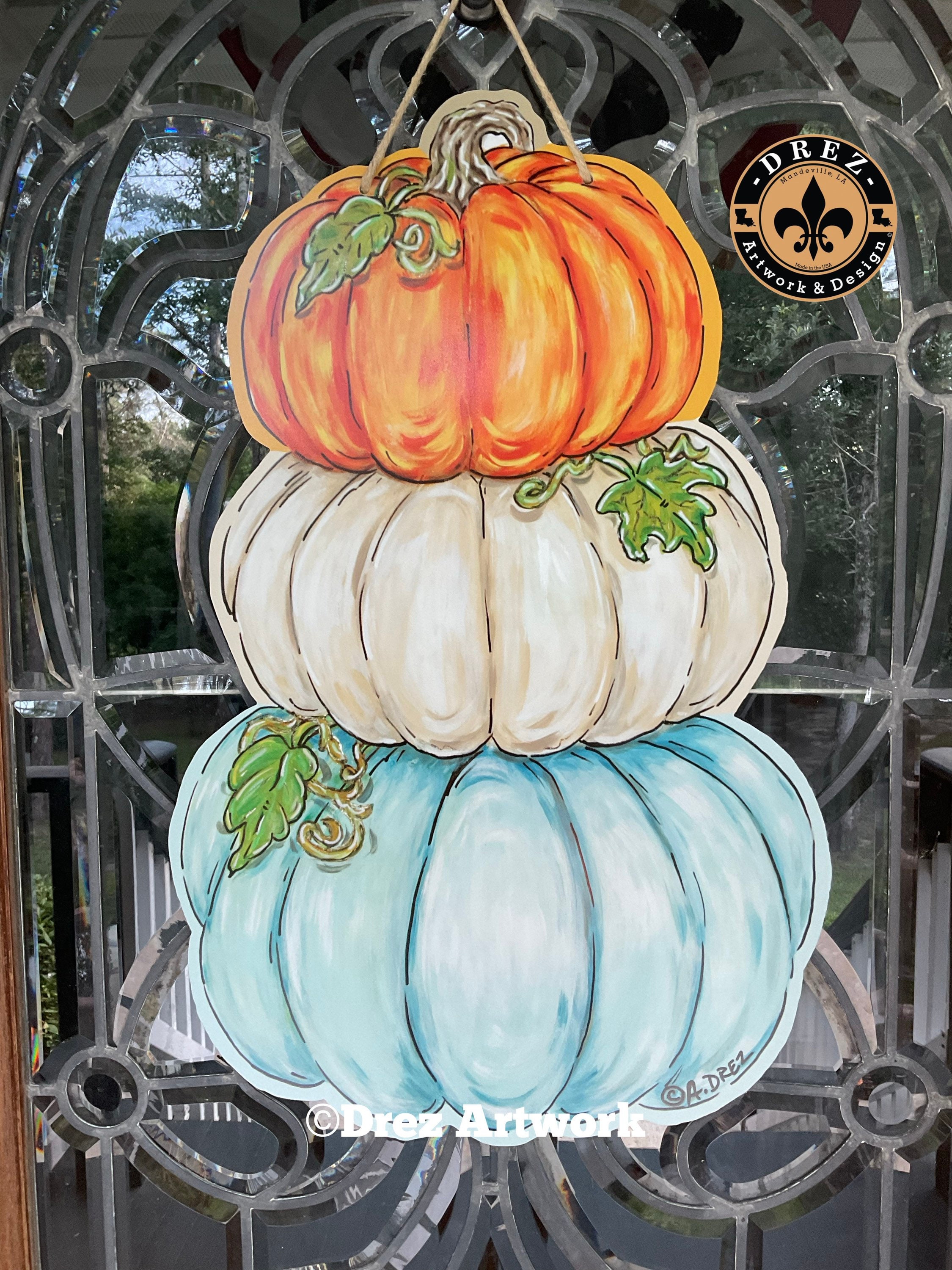 Fall Door Hanger, Pumpkin Stack, Door Decor, Thanksgiving, Pumpkin Spice, USA, Drez Artwork, Wholesale, Made in Louisiana, Halloween
