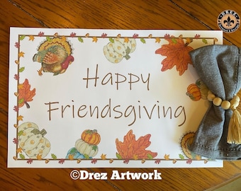 Friendsgiving Paper Placemats, Disposable Placemats, Thanksgiving Placemat, Nola, Drez, Table Decor, Fall, Turkey, Pumpkin, School Party