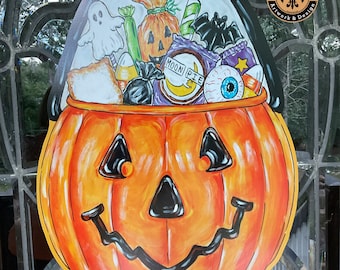 Happy Halloween Candy Bucket Door Hanger, Fall, Trick or Treat, Hello Fall, Beignets,Jack o Lantern, Drez Artwork,Cute Door Decor
